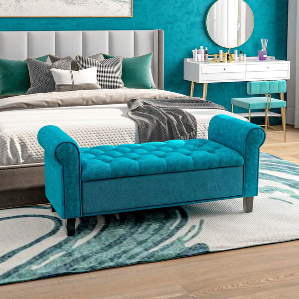 English Elm HOMCOM Tufted 50" Storage Ottoman Bench with Rolled Arms, Velvet Seat, Wooden Legs & Safety Hinge (Teal) W2225P229390