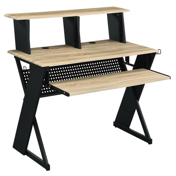 English Elm Natural Music Desk with Cord Management, Keyboard Tray, Hutch & Headphone Rack for Musicians - Efficient Organized Workspace, Natural/Black Finish B062P184577