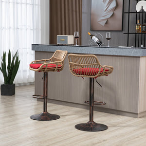 English Elm Modern Swivel Bar Stools Set of 2 Adjustable Counter Height Chairs with Linen Seat, Retro Rattan Back, 360° Rotation and Footrest, Vintage Gold Base, Durable Indoor/Outdoor Seating (Seat Height 25.6–33.9") Red W39594820