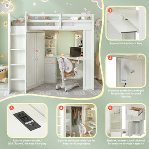 English Elm Twin Loft Bed with Wardrobe Desk Charging Station and Spotlights for Small Rooms Beige White LT000450AAK