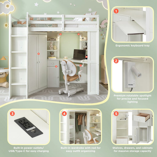English Elm Twin Loft Bed with Wardrobe Desk Charging Station and Spotlights for Small Rooms Beige White LT000450AAK