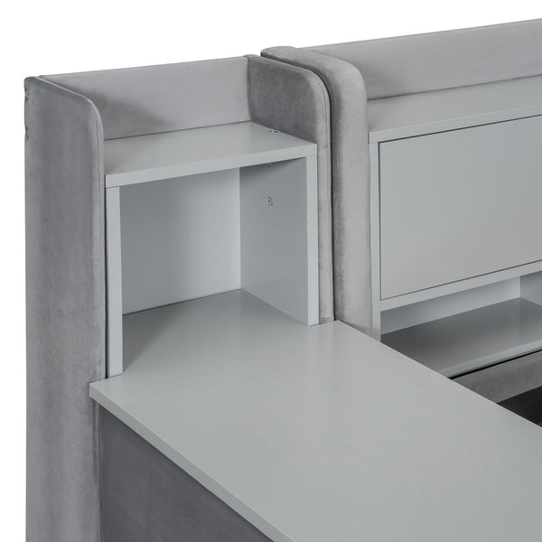 English Elm Twin Upholstered Daybed with Velvet Finish, High Back Shelves, Flip Cabinets, Drawers & Side Table Gray SF000196AAE