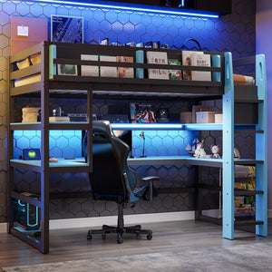 English Elm Twin Loft Bed with Rgb Lighting Usb Ports Wraparound Shelves and Gaming Desk Blue LT000298AAC