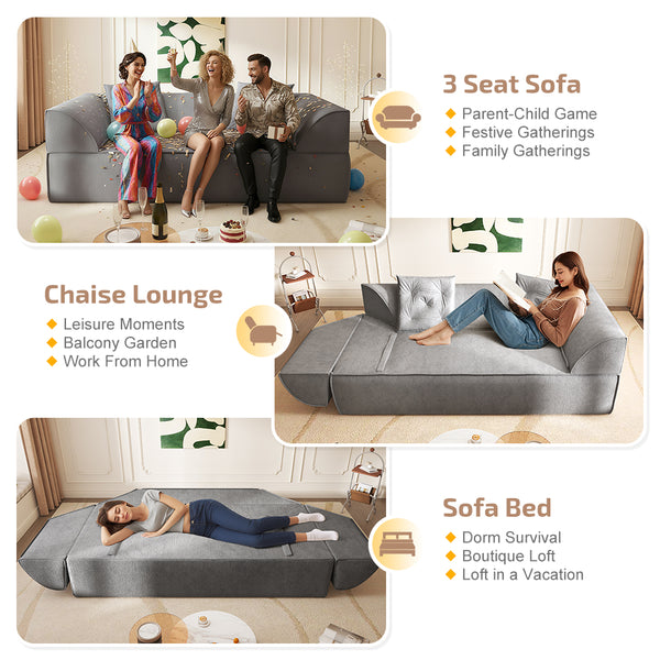 English Elm 3-in-1 Convertible Sofa Bed Sparkling Chenille 79.5" Deep Seat 3-Seater with Chaise & Pillows Grey W3219P369308