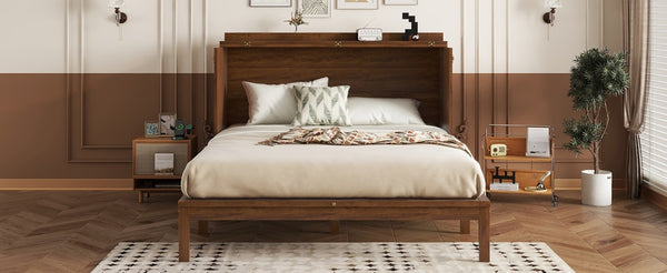 English Elm Queen Size Murphy Bed - Stylish Pine Wood Cabinet With Power Station & Rattan Panel For Space-Saving W504S00234-GIGA