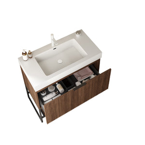 English Elm YOLAN 36" Bathroom Vanity with Integrated Solid Surface Basin, Pre-Assembled Plywood Cabinet, Soft-Close Drawer and Open Towel Shelf Walnut,White W2615S00069