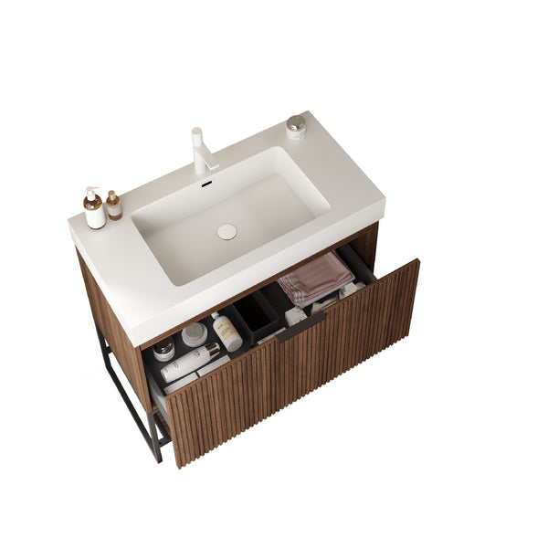 English Elm YOLAN 36" Bathroom Vanity with Integrated Solid Surface Basin, Pre-Assembled Plywood Cabinet, Soft-Close Drawer and Open Towel Shelf Walnut,White W2615S00069