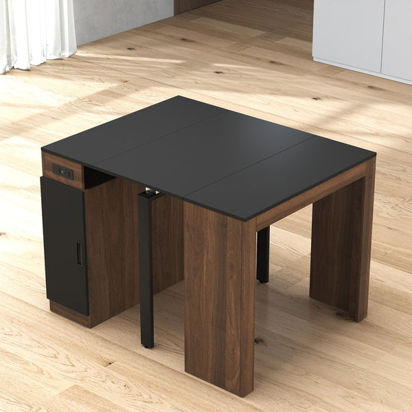 English Elm Modern Extendable Dining Table with Built-In Outlet, USB Ports & Storage, Space-Saving Console to 118" Walnut+black W331S00190
