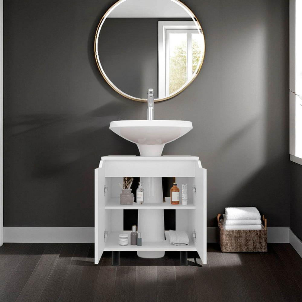 English Elm White Bathroom Vanity Cabinet for Pedestal Sink – Slim Under-Sink Organizer with Multiple Shelves, Durable Finish, Space-Saving Storage Solution (27.56" L x 25.6" W) B062P380049