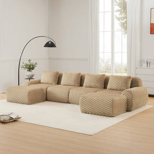 English Elm 146" U-shaped Modular Sectional Flannelette Sofa with Ottoman for Spacious Living Rooms Light Camel W714S01516