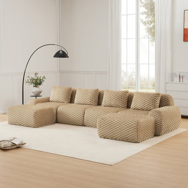 English Elm 146" U-shaped Modular Sectional Flannelette Sofa with Ottoman for Spacious Living Rooms Light Camel W714S01516