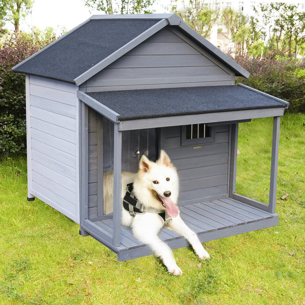 English Elm Large Breed Outdoor Doghouse Solid Fir Wood Covered Porch Weatherproof Asphalt Roof W1431S00011