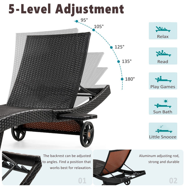 English Elm K&k Outdoor Wicker Reclining Chaise Set 2 Piece with Pull Out Tray Rolling Wheels Black+Brown N707P395515D