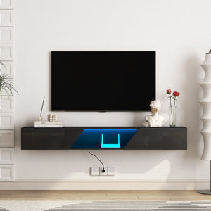 English Elm Floating TV Stand Wall Mounted with 16-Color LED Accent Lighting, 69" Modern Floating Cabinet for TVs Black 75.2 L x 16.54 W x 5.51 H W1321P237655