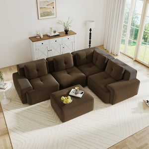 English Elm Modern Corduroy Sectional Sofa Deep Seat V Shape Tufted Couch with Movable Ottoman Brown W714S01576