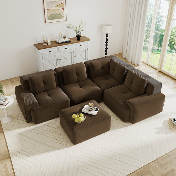 English Elm Modern Corduroy Sectional Sofa Deep Seat V Shape Tufted Couch with Movable Ottoman Brown W714S01576
