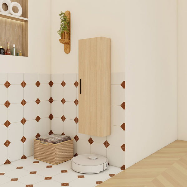 English Elm 12" Wall-mounted Oak Plywood Bathroom Linen Cabinet Slim Floating Single Door Storage W3450P440605