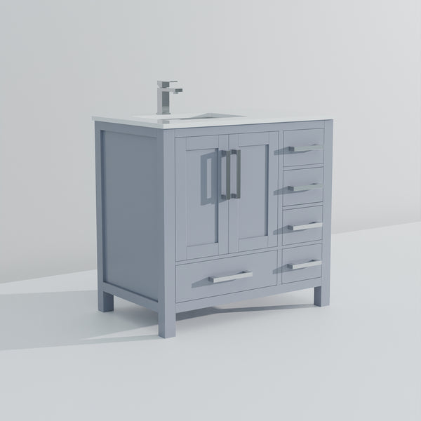 English Elm Dark Grey Wood Vanity 36" W x 22" D with Left Offset White Quartz Top, Soft-Close Drawers & Faucet Set B2731P259031