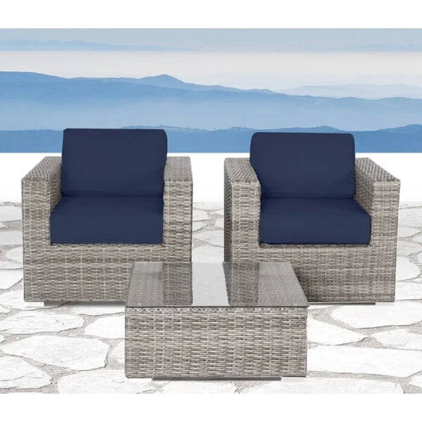English Elm Fully Assembled Rattan Wicker 3-Piece Seating Set For Two With Plush Cushions & Coffee Table B120S00041