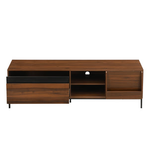 English Elm U-can Mid Century Walnut Media Console with Sliding Doors and Metal Frame for Living Rooms Brown N724P360370D