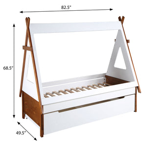 English Elm Oak Twin Tent Bed Frame in Oak & White with 14-Slat No-Box-Spring Support, Easy Assembly, Cozy Design B062S00493