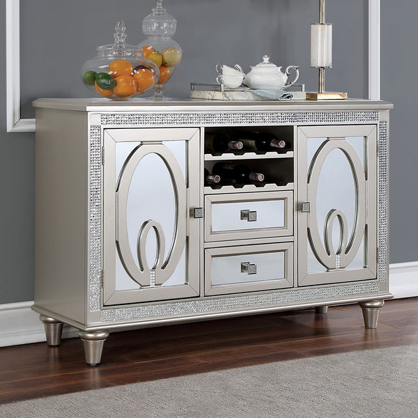 English Elm Contemporary Rustic Server with Solid Wood Accents, Molded Details and Functional Storage Drawers for Dining Room Furniture Silver 57 L x 21 W x 36 H B2741P309346