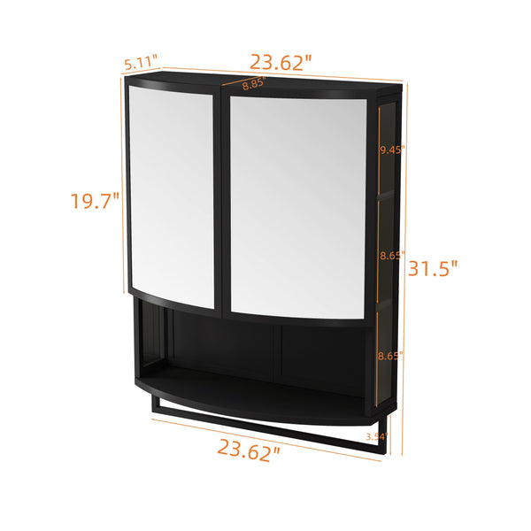English Elm 23.62"Modern Arched Glass Cabinet with Shatterproof Mirror, Double-Layer Storage, Towel Rack, Black W757P314594