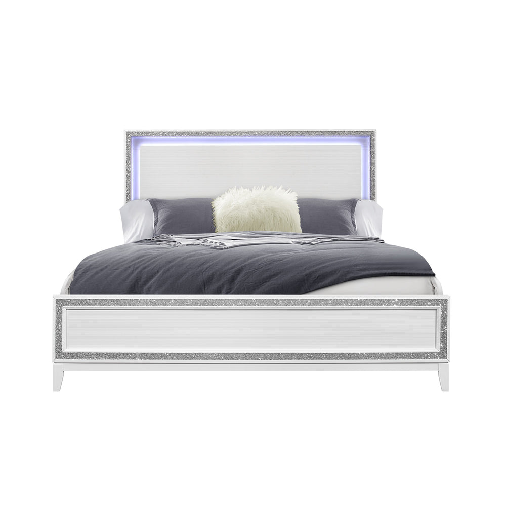 English Elm ALMERA Glam Transitional Full Bed with Crushed Crystal Trim, Solid Wood + MDF Construction, Elegant Finish White 84 L x 8 W x 3 H B201S00102