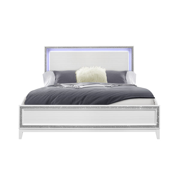 English Elm ALMERA Glam Transitional Full Bed with Crushed Crystal Trim, Solid Wood + MDF Construction, Elegant Finish White 84 L x 8 W x 3 H B201S00102