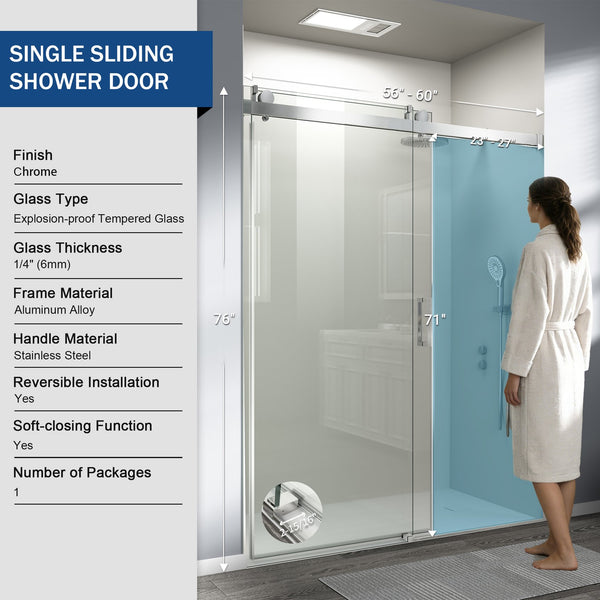 English Elm 56" Frameless Sliding Shower Door Tempered Glass Soft Close Matte Hardware Alcove Fit Chrome W1920P385327