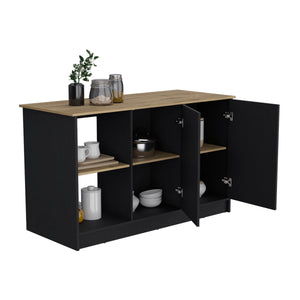 English Elm Juniper Kitchen Island with Spacious 59" Worktop, Double-Door Storage and Open Shelving for Cooktops Black + Dark Walnut 64 L x 29 W x 3 H B200S00396