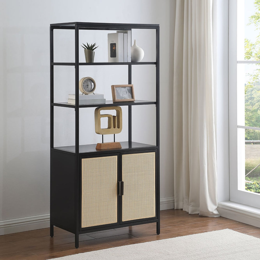 English Elm Kenneth Tall Metal and Pe Rattan Accent Cabinet with Open Shelves for Living Spaces B062P440090
