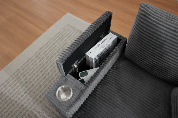 English Elm Corduroy Chaise Lounge Sofa With Storage, Movable Ottoman & Cupholders For Relaxation W2120S00004-GIGA