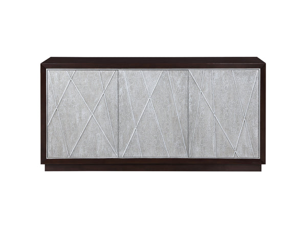 English Elm Geranio Metallic Silver & Walnut Console Cabinet with Geometric Pattern, Touch-Open Doors, 70lb Top B2726P285784