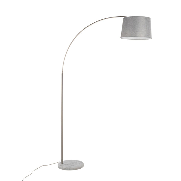 English Elm March Contemporary Floor Lamp - Sleek Nickel Arc With White Marble Base & Grey Linen Shade Design B202S01375