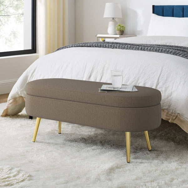 English Elm Ottoman Oval Flannel Storage Bench with Matte Metal Legs for Bedroom or Living Room Brown W487P438631