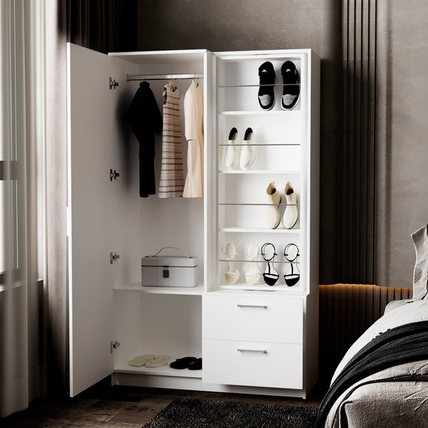 English Elm FM Compact Wardrobe with Hanging Rod, Smooth Drawers and Open Shelves for Organized Bedrooms White 55 L x 23 W x 4 H B128S00183