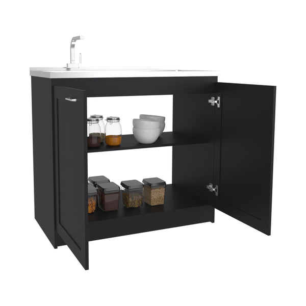 English Elm Zurich Freestanding Utility Sink with Black Cabinet Two Shelves for Laundry Garage B070S00372