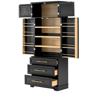 English Elm K&k Farmhouse Pantry Cabinet Tall Freestanding Kitchen Storage with Drawers Shelves Black N707P356569B