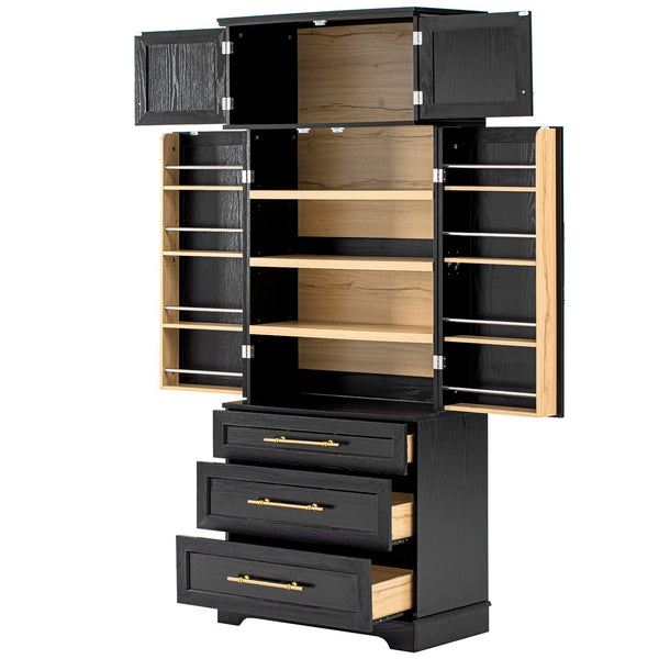 English Elm K&k Farmhouse Pantry Cabinet Tall Freestanding Kitchen Storage with Drawers Shelves Black N707P356569B