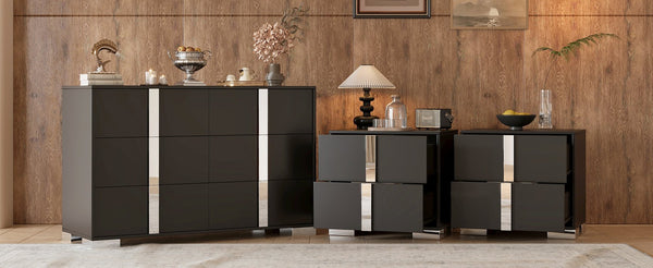 English Elm 3-Pieces Mirrored 6-Drawer Dresser and Two Nightstands with Sleek Metal Legs for Modern Living Black 54.25 L x 20.75 W x 8.5 H N733S307938B