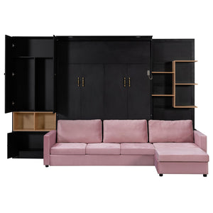 English Elm Queen Murphy Wall Bed with Velvet Sofa Built in Shelves Cabinets and Reading Lights Black LP000393AAB