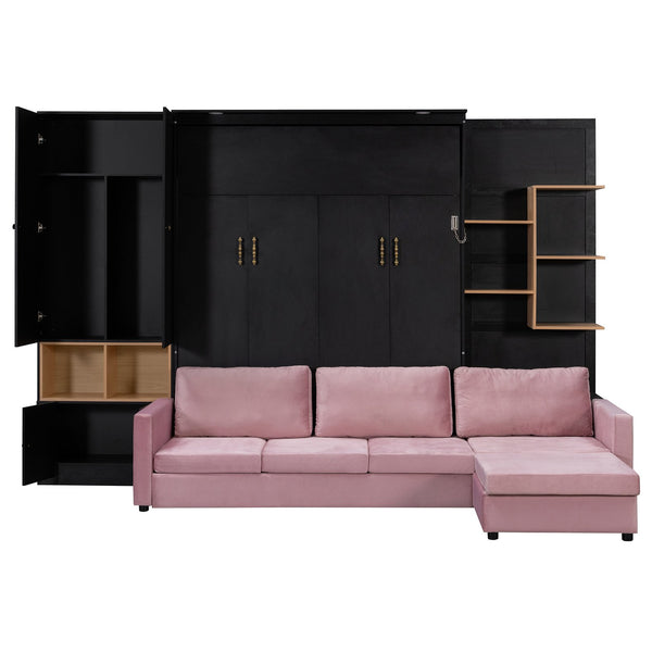 English Elm Queen Murphy Wall Bed with Velvet Sofa Built in Shelves Cabinets and Reading Lights Black LP000393AAB
