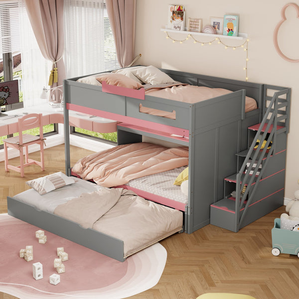 English Elm House-shaped Pine Bunk Bed with Built-in Slide Storage Staircase Twin Over Full Kids Frame Gray N820S00067E