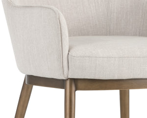 Sunpan Franklin Dining Armchair - Elegant Barrel Back Design with Antique Brass Frame for Modern Spaces Beige Linen