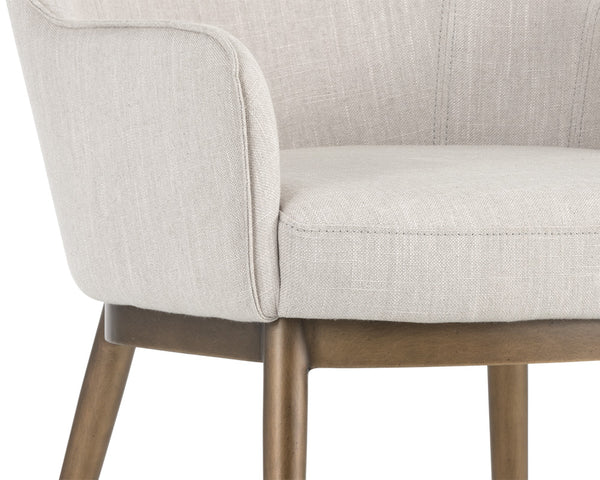 Sunpan Franklin Dining Armchair - Elegant Barrel Back Design with Antique Brass Frame for Modern Spaces Beige Linen
