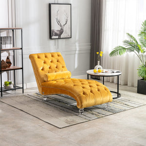 English Elm Velvet Curved Chaise Lounge Sofa with Button-Tufted Back, Thick Foam Cushion & Acrylic Legs for Living Room Comfort Mustard W39538680