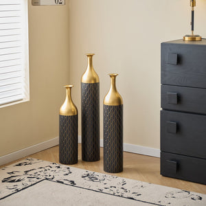 English Elm Black Black and Gold Metal Vase Set of 3 Tall Cylinder Floor Vases – Glam Textured Wedding & Home Décor W2796P278078