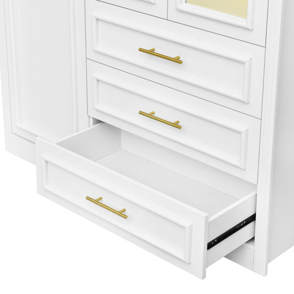 English Elm 3 Door Wardrobe Armoire Closet with LED Lighting, 4-Door Style, 3 Drawers, White Gold Accents, Spacious Storage N7090001843K