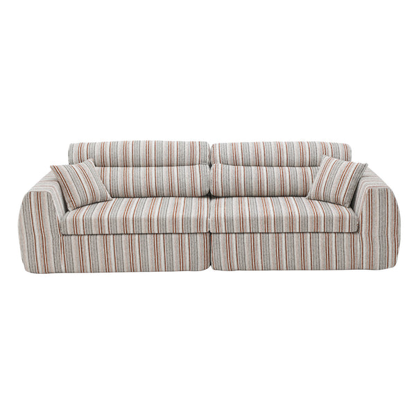 English Elm Chenille Stripe Velvet Sofa Three Seat Minimalist Upholstered Couch for Living Room Brown White W5532S00012
